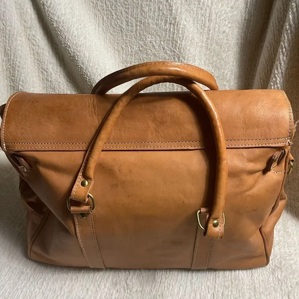 Classic Tan Leather Duffel travel weekender Bag gold tone hardwares